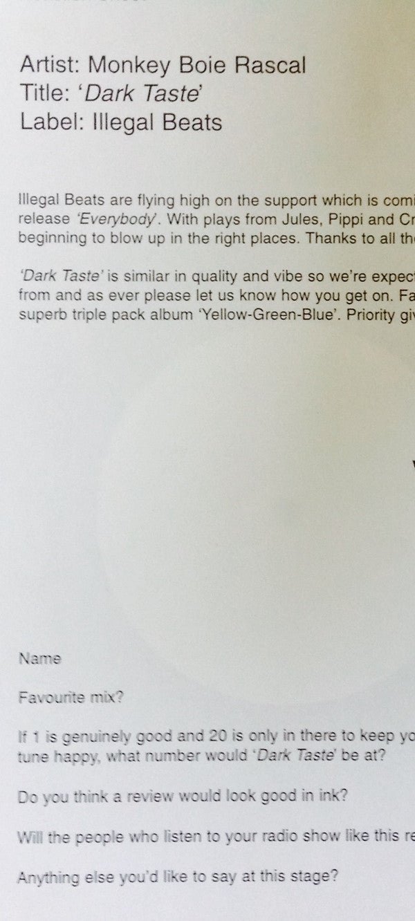 Monkey Boie Rascal : Dark Taste (12", W/Lbl)