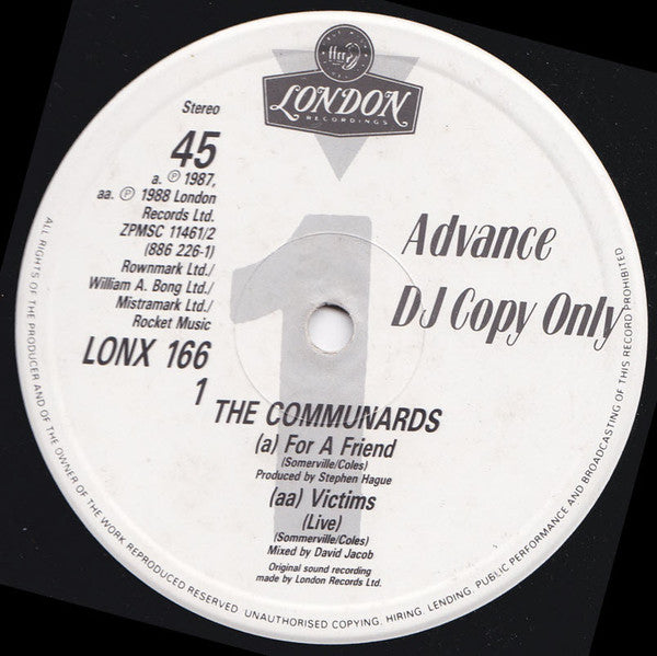 The Communards : For A Friend (12", Single, Promo)