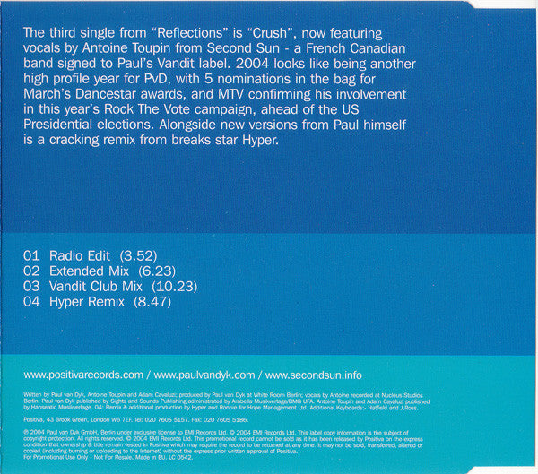 Paul van Dyk Feat. Second Sun : Crush (CD, Promo)