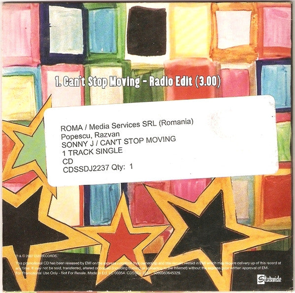 Sonny J : Can't Stop Moving (CD, Single, Promo)