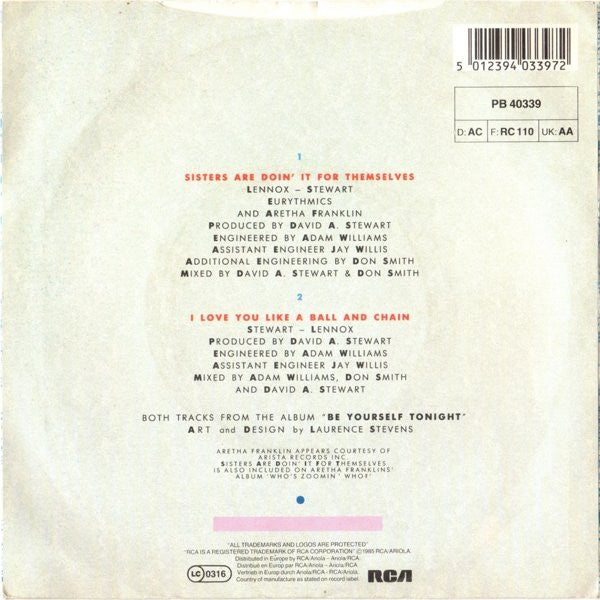 Eurythmics And Aretha Franklin : Sisters Are Doin' It For Themselves (7", Single, Blu)