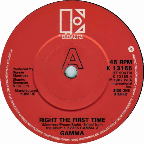Gamma (5) : Right The First Time (7", Single)
