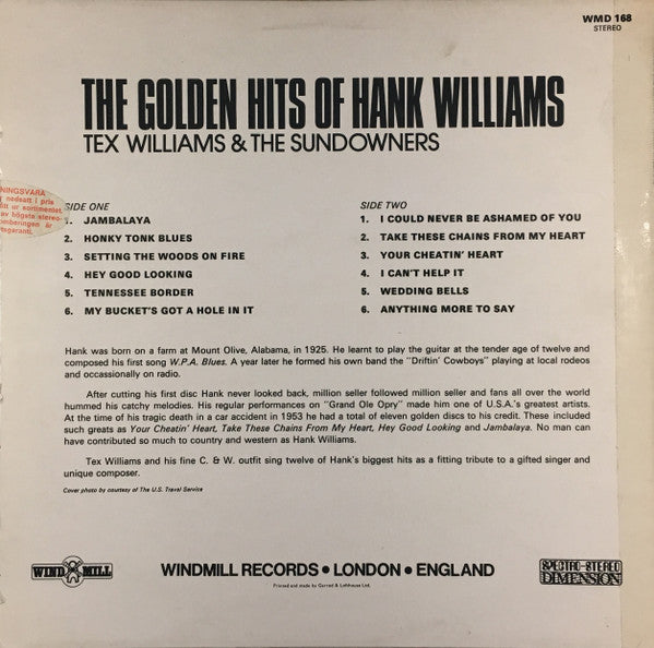 Tex Williams & The Sundowners : The Golden Hits Of Hank Williams (LP)