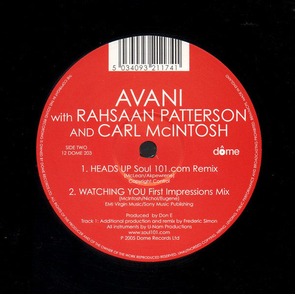 Avani Feat Rahsaan Patterson And Carl McIntosh : Watching You / Heads Up (12")