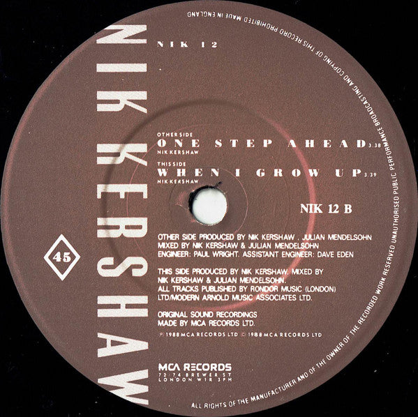 Nik Kershaw : One Step Ahead (7", Single)