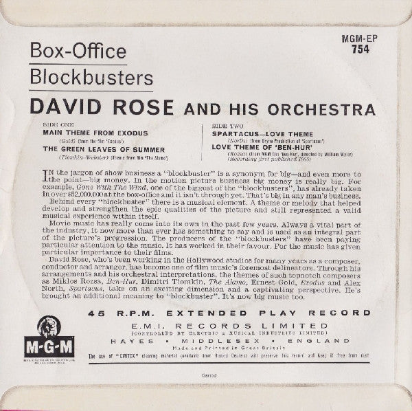 David Rose & His Orchestra : Box-Office Blockbusters (7", EP, Mono)