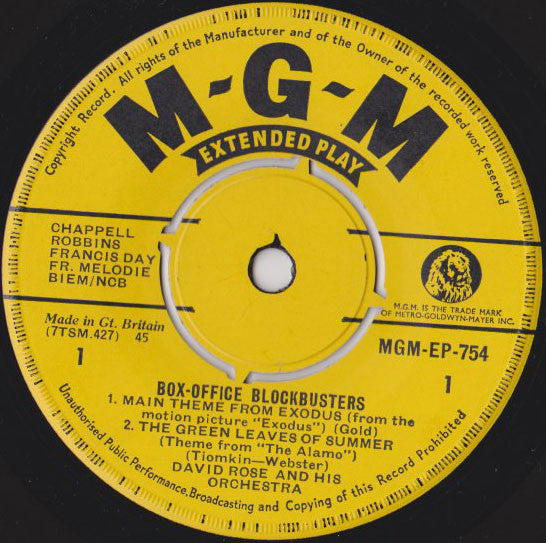 David Rose & His Orchestra : Box-Office Blockbusters (7", EP, Mono)