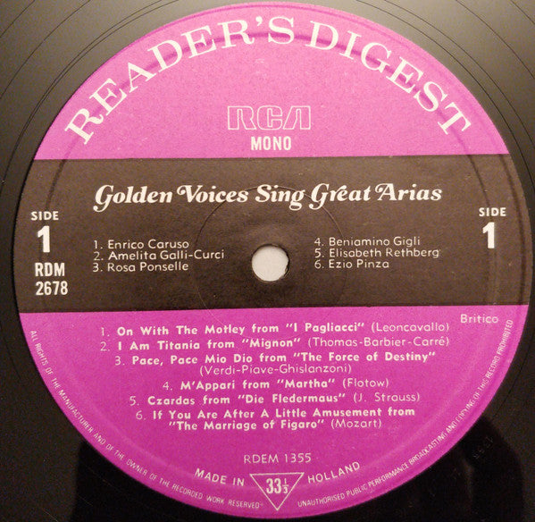 Various : Golden Voices Sing Great Arias (LP, Comp, Mono)