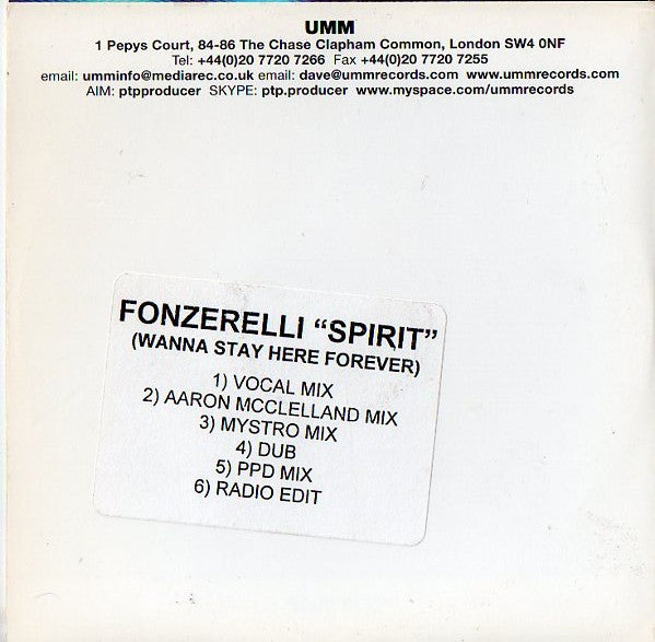 Fonzerelli : Spirit (Wanna Stay Here Forever) (CDr, Promo)