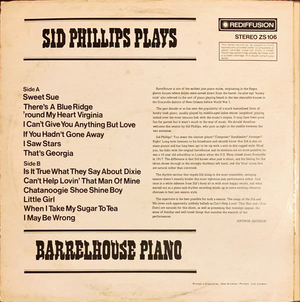 Sid Phillips : Sid Phillips Plays Barrel House Piano (LP, Album)