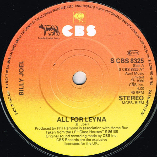 Billy Joel : All For Leyna (7", Single)