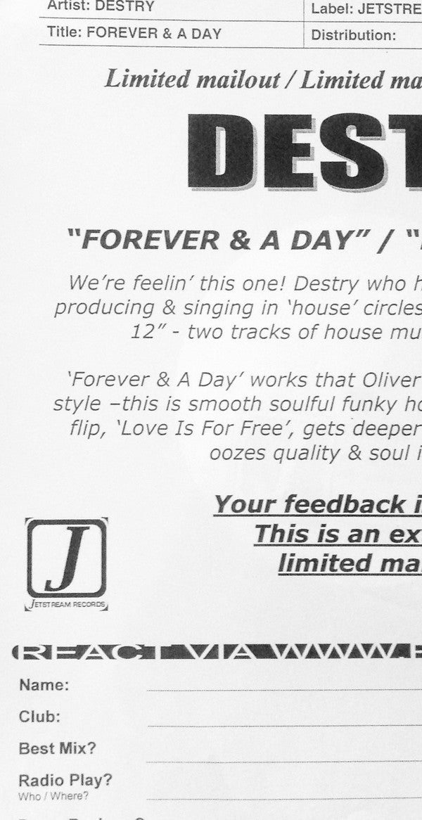 Destry : Forever And A Day / Love Is For Free (12", W/Lbl, Sti)