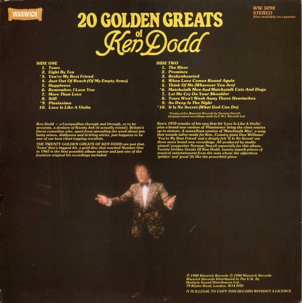 Ken Dodd : 20 Golden Greats Of Ken Dodd (LP, Comp)