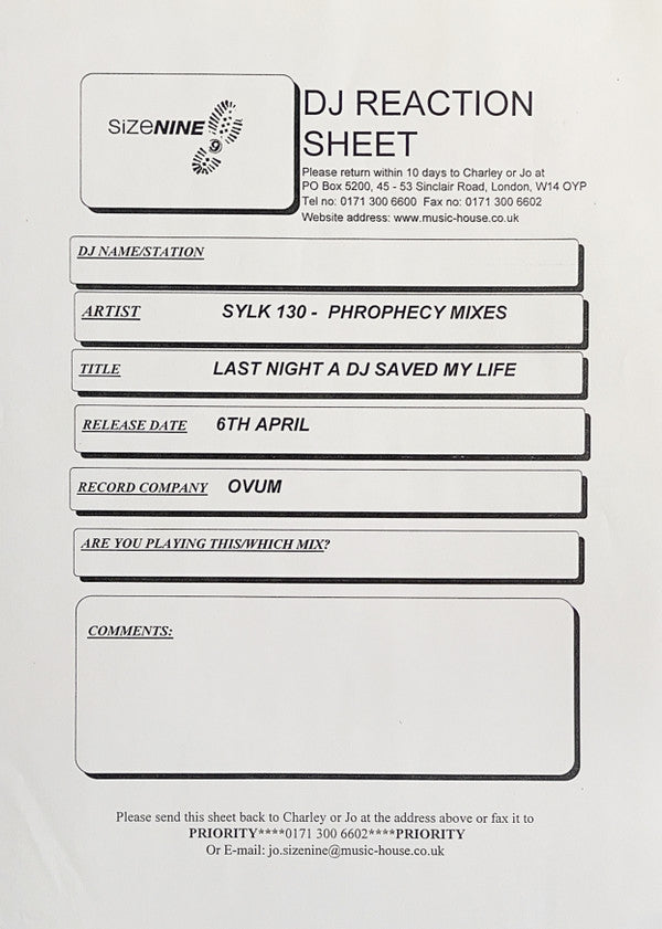 Sylk 130 : Last Night A DJ Saved My Life (12", Promo)