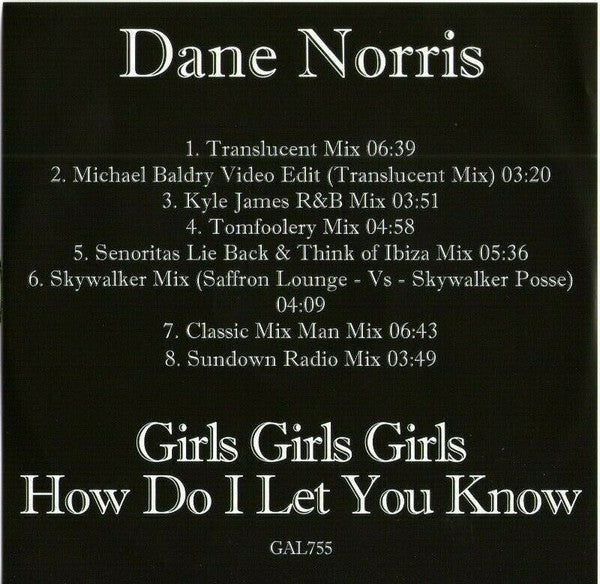 Dane Norris : Girls Girls Girls (How Do I Let You Know) (CD, Single, Promo)