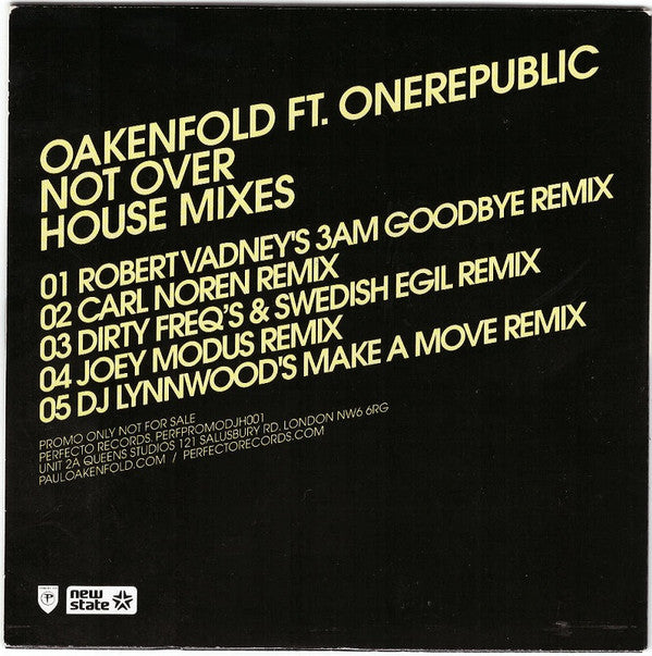 Paul Oakenfold Ft. OneRepublic : Not Over (House Mixes) (CD, Promo, Car)