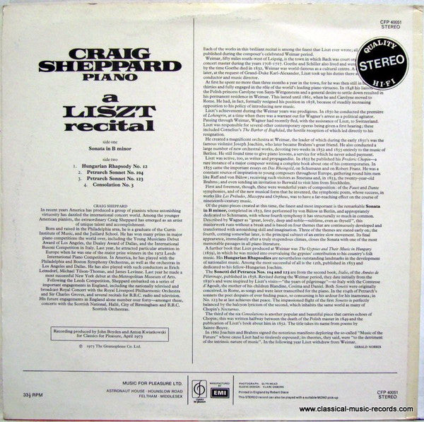 Craig Sheppard – Liszt* : A Liszt Recital (LP)