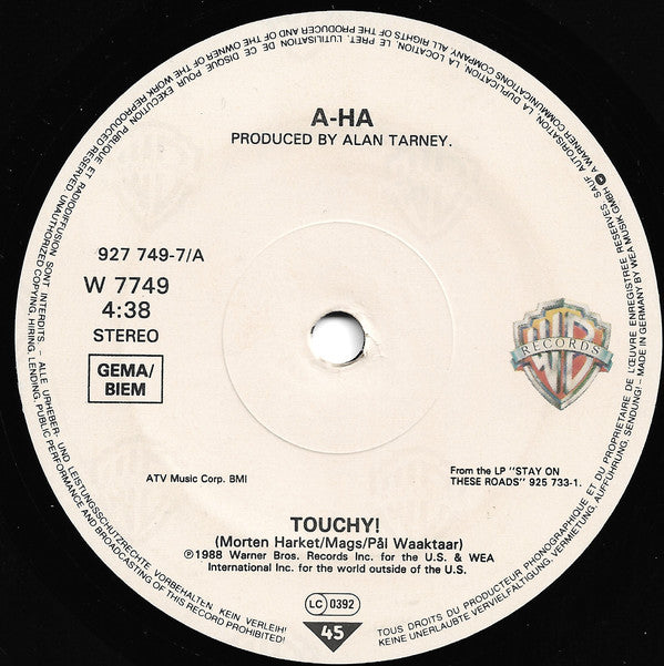 a-ha : Touchy! (7", Single, Sol)