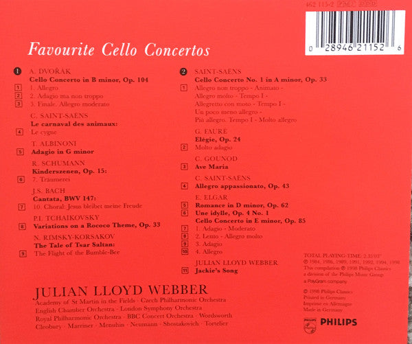 Sir Edward Elgar | Antonín Dvořák | Camille Saint-Saëns | Pyotr Ilyich Tchaikovsky - Julian Lloyd Webber : Favourite Cello Concertos (2xCD, Comp)