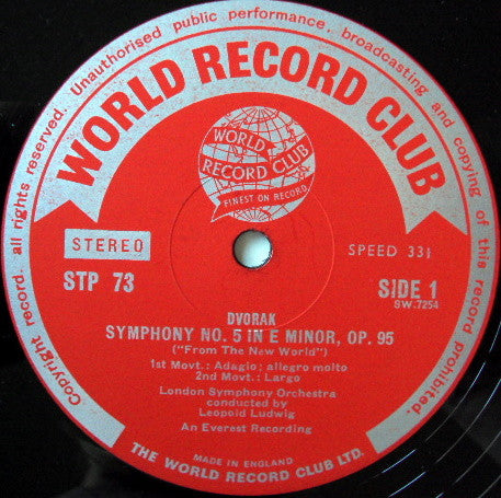 Antonín Dvořák - Leopold Ludwig Conducts The London Symphony Orchestra : Symphony No. 5 In E Minor, Op. 95 (From The New World) (LP, Club)