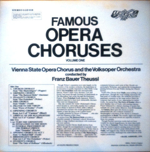 Wiener Staatsopernchor And Wiener Volksopernorchester Conducted By Franz Bauer-Theussl : Famous Opera Choruses Volume One (LP, Comp, Blu)