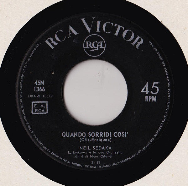 Neil Sedaka : Adesso No / Quando Sorridi Così (7", Mono)