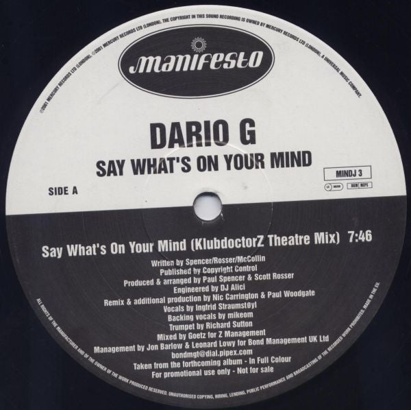 Dario G : Say What's On Your Mind (12", Promo)