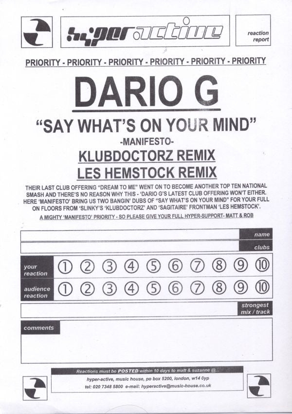 Dario G : Say What's On Your Mind (12", Promo)