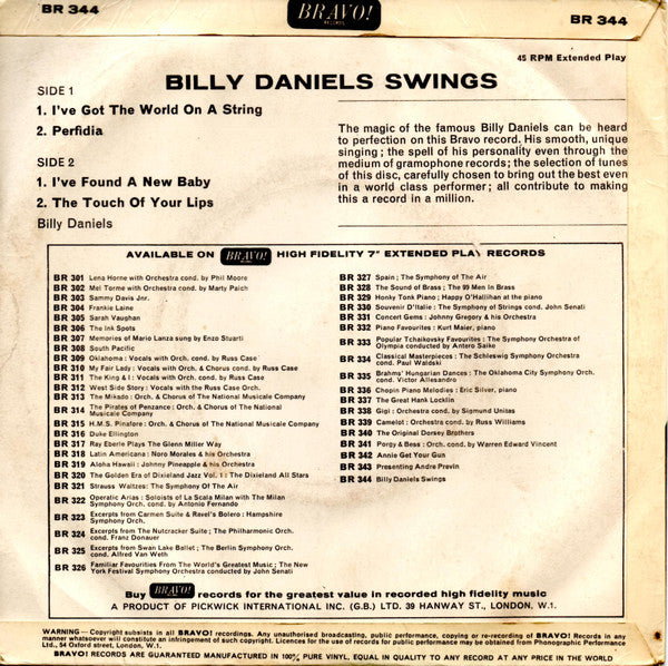 Billy Daniels : Billy Daniel Swings (7", EP)