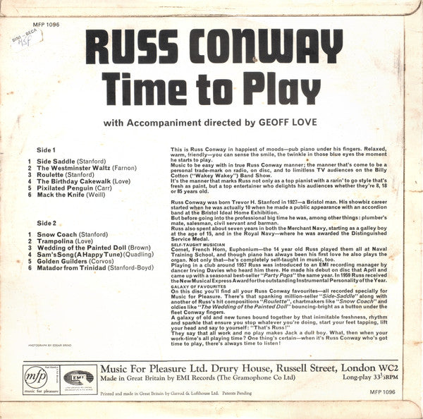 Russ Conway : Time To Play (LP, Mono)