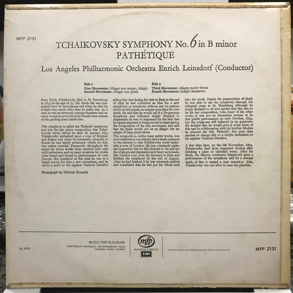 Pyotr Ilyich Tchaikovsky, Erich Leinsdorf, Los Angeles Philharmonic Orchestra : Symphony No. 6 In B Minor "Pathetique" (LP)