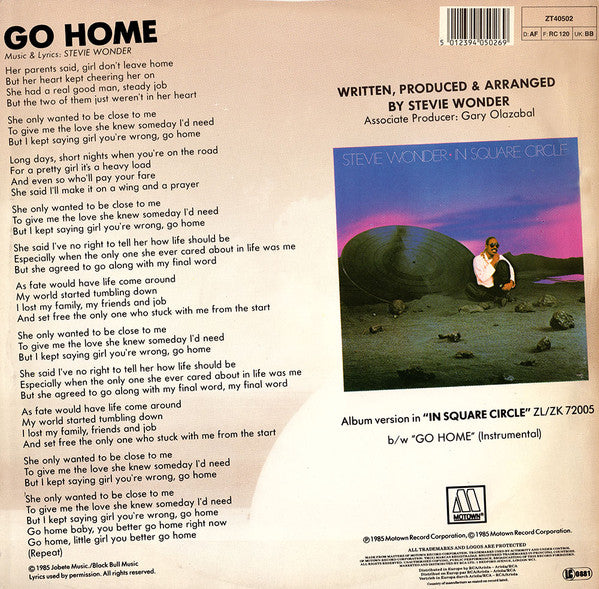 Stevie Wonder : Go Home (Special Re-Mix) (12", Single)