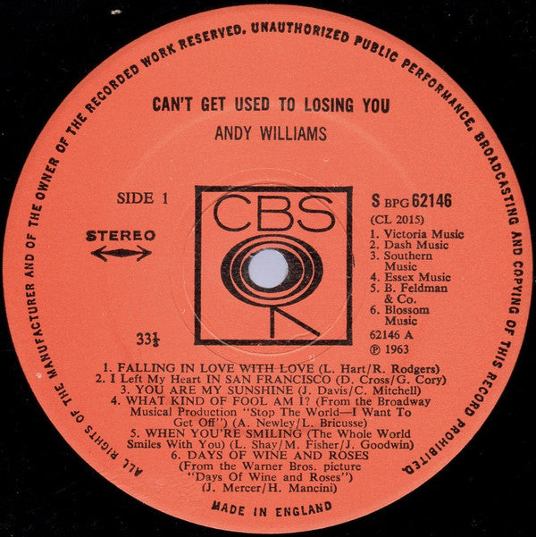 Andy Williams : Can't Get Used To Losing You (LP, Album)