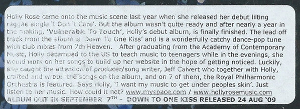 Holly Rose : Down To One Kiss (Club Mixes) (CDr, Single, Promo)