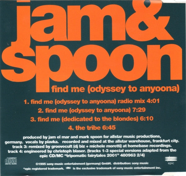 Jam & Spoon Featuring Plavka : Find Me (Odyssey To Anyoona) (CD, Single)