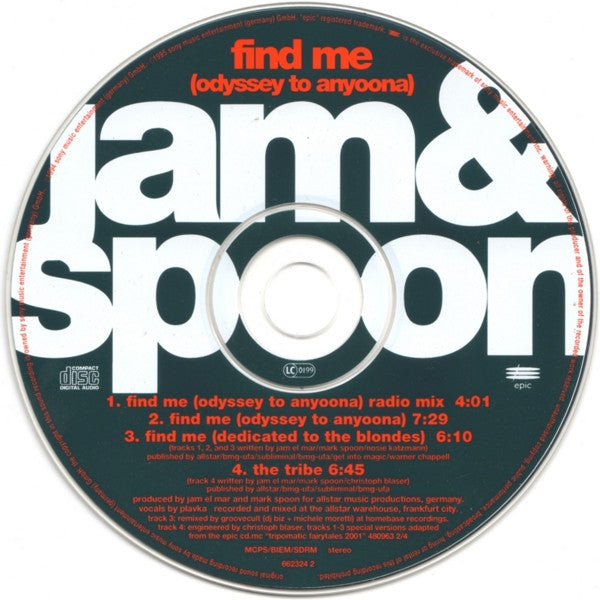 Jam & Spoon Featuring Plavka : Find Me (Odyssey To Anyoona) (CD, Single)