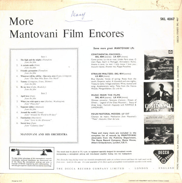 Mantovani And His Orchestra : More Mantovani Film Encores (LP, Album)