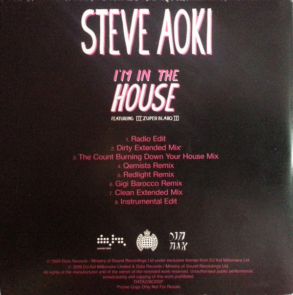 Steve Aoki Featuring Zuper Blahq : I'm In The House (CD, Single, Promo, Car)