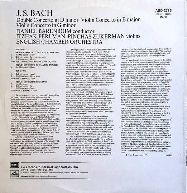 Johann Sebastian Bach - Daniel Barenboim / Itzhak Perlman / Pinchas Zukerman, English Chamber Orchestra : Double Concerto In D Minor /  Violin Concerto No.2 In E / Violin Concerto In G Minor (LP, RE)