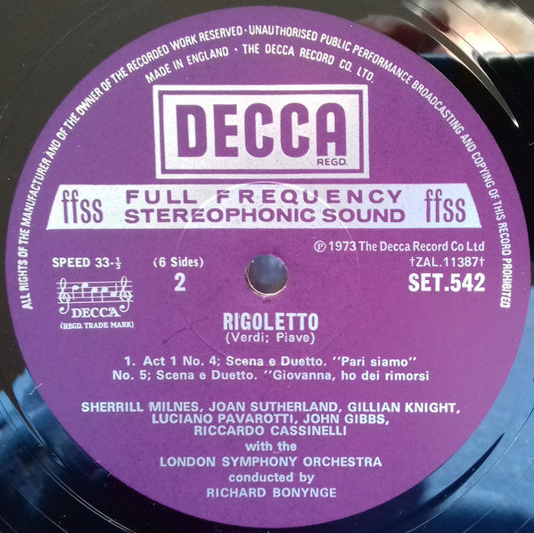 Verdi* - Sutherland* · Pavarotti* · Milnes* · Tourangeau* · Talvela* · London Symphony Orchestra · Bonynge* : Rigoletto (3xLP, Album + Box)