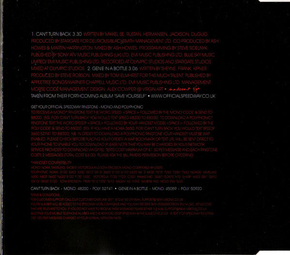 Speedway (2) : Can't Turn Back (CD, Single)