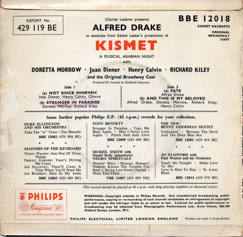 Alfred Drake, The Kismet Original Broadway Cast : Kismet (7", EP)