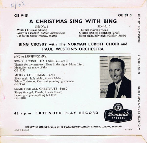 Bing Crosby with The Norman Luboff Choir and Paul Weston And His Orchestra : A Christmas Sing With Bing (7", EP)