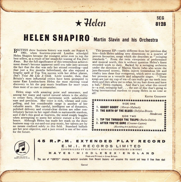 Helen Shapiro, Martin Slavin And His Orchestra : Helen (7", EP, Mono, 2nd)