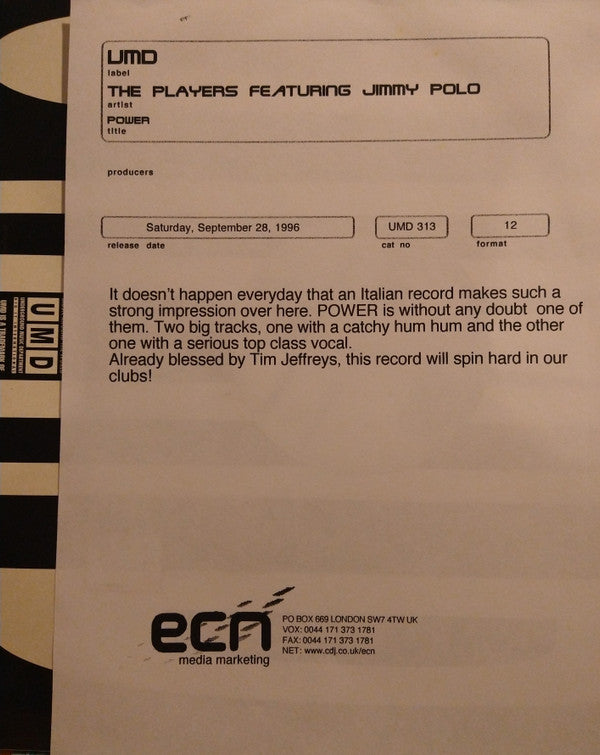 The Players (2) Featuring Jimi Polo : Power (12", S/Sided, Promo)