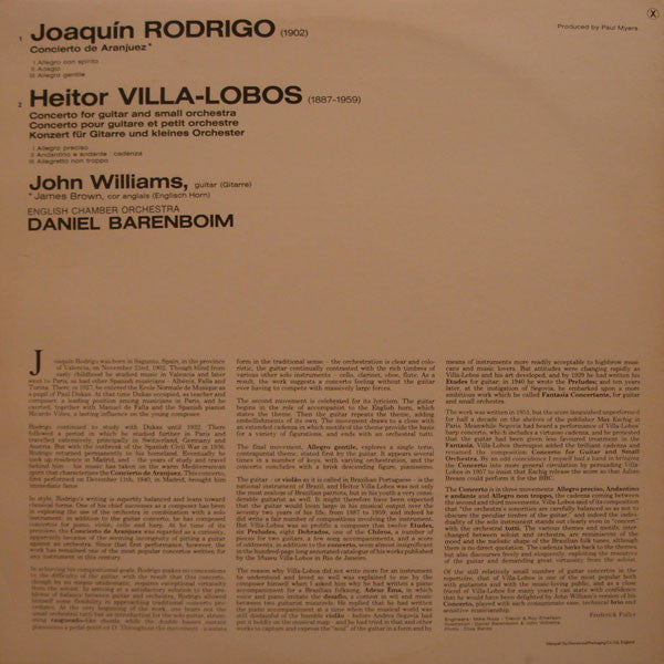 Joaquín Rodrigo, Heitor Villa-Lobos, John Williams (7), English Chamber Orchestra, Daniel Barenboim : Concierto De Aranjuez / Concerto For Guitar (LP)