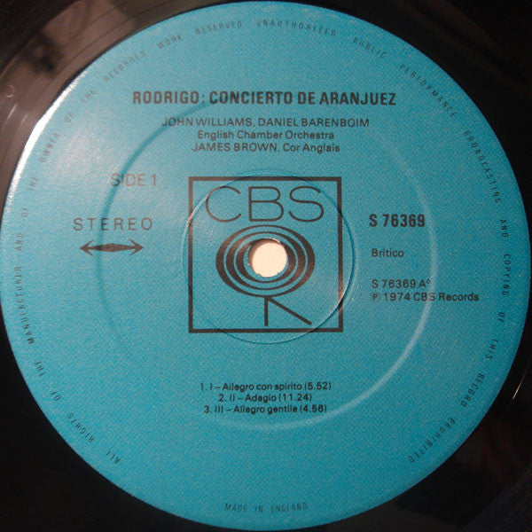 Joaquín Rodrigo, Heitor Villa-Lobos, John Williams (7), English Chamber Orchestra, Daniel Barenboim : Concierto De Aranjuez / Concerto For Guitar (LP)