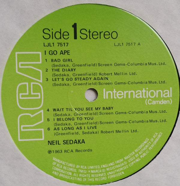 Neil Sedaka : I Go Ape (LP, Album, Comp)