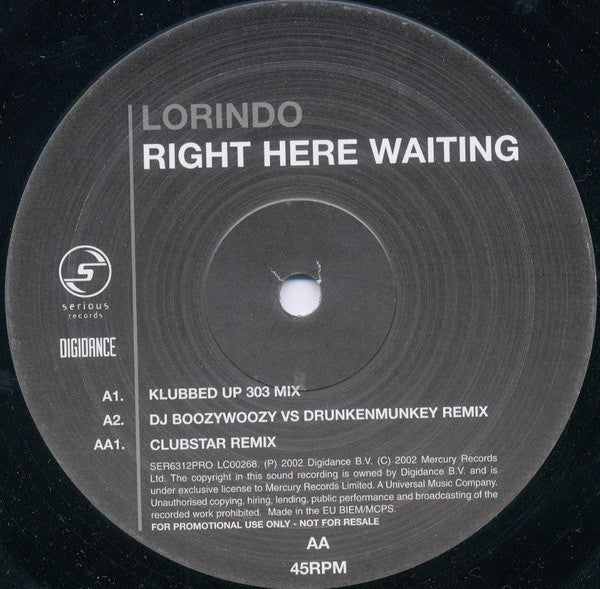 Lorindo : Right Here Waiting (12", Promo)