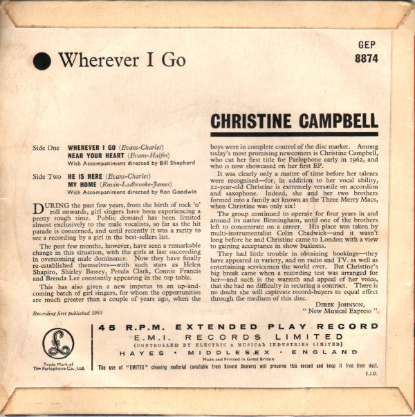 Christine Campbell : Wherever I Go (7", EP, Mono)